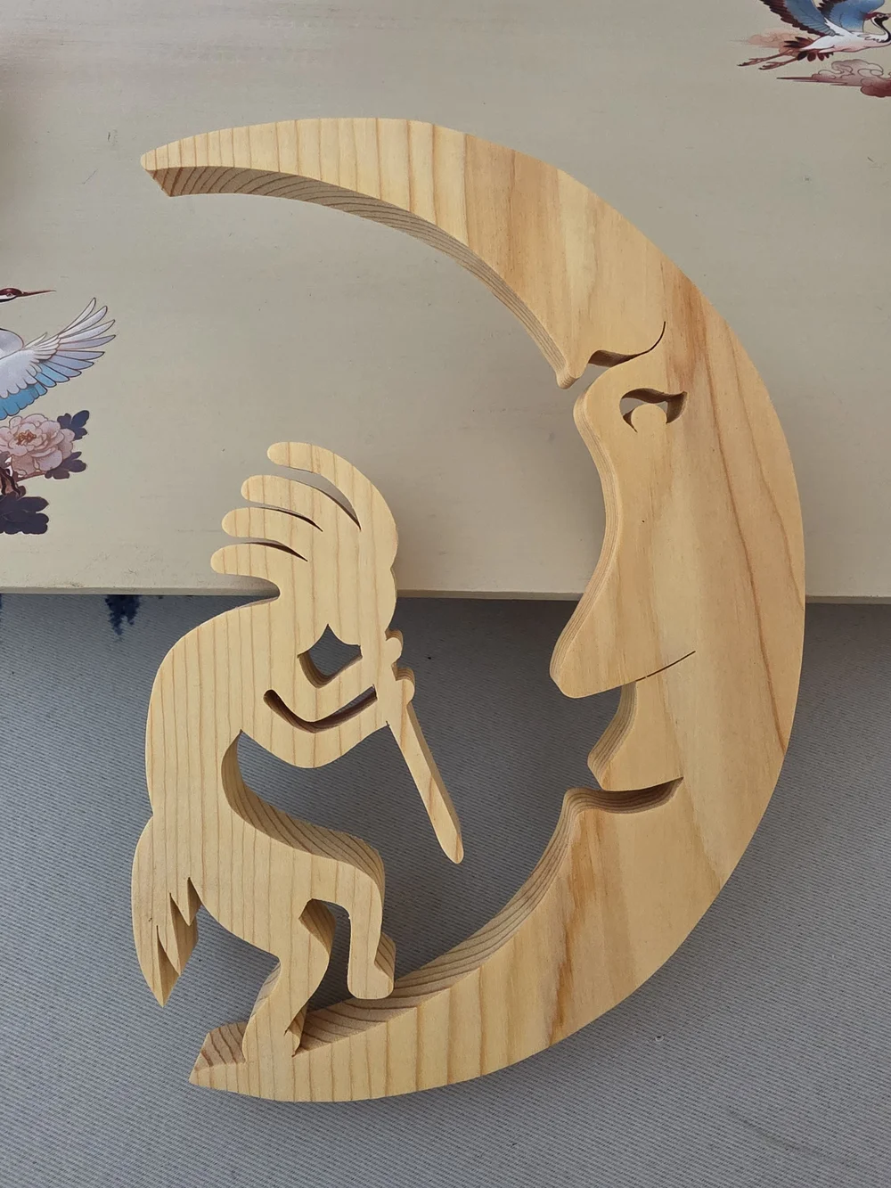 Wood Crescent Moon Face & Kokopelli Figurine Carved Free Standing 7in x 5in